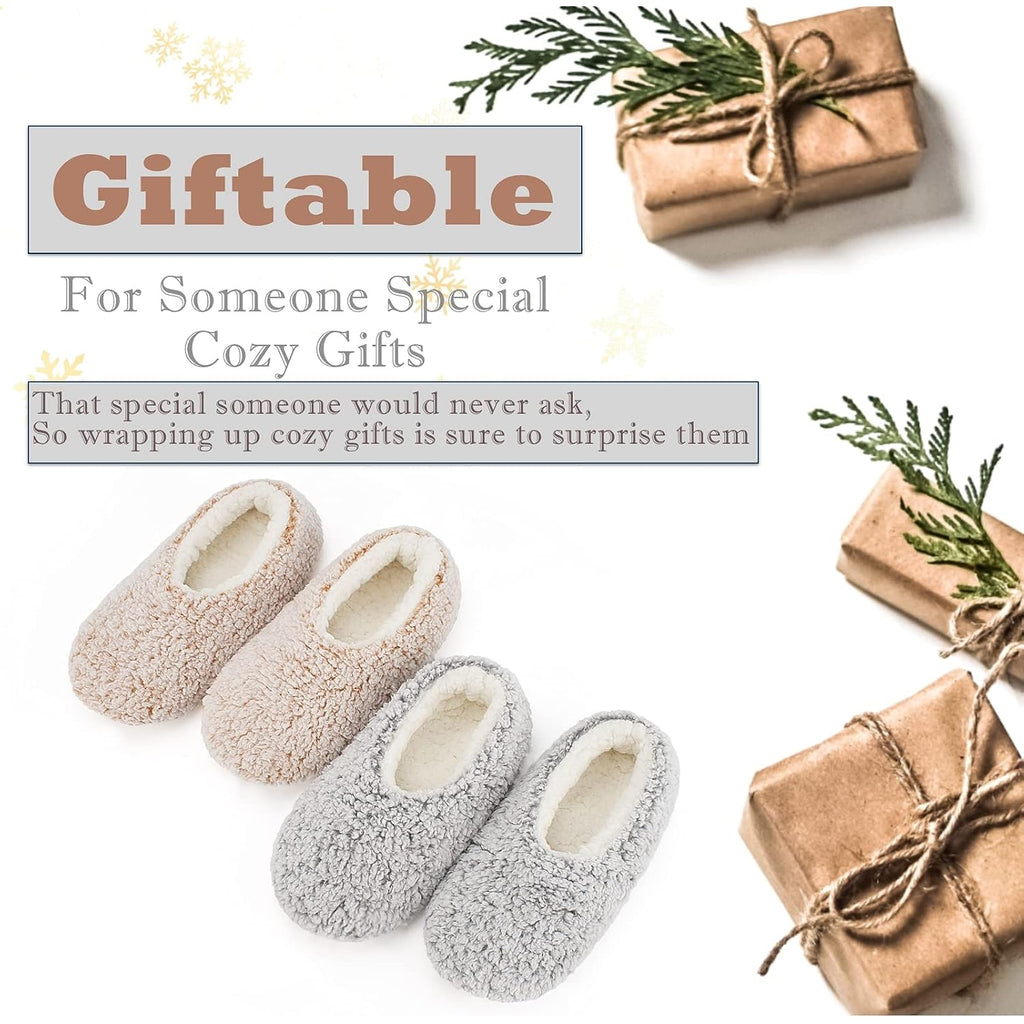 Cozylook 2-Pair Slipper Socks For Women Non Slip Soft Sole Slippers | Fuzzy Or Knit Uppers, Plush Sherpa Lining, Gripper Dots, Elastic Heel, Warm Indoor Comfort, Gift-Ready Packaging