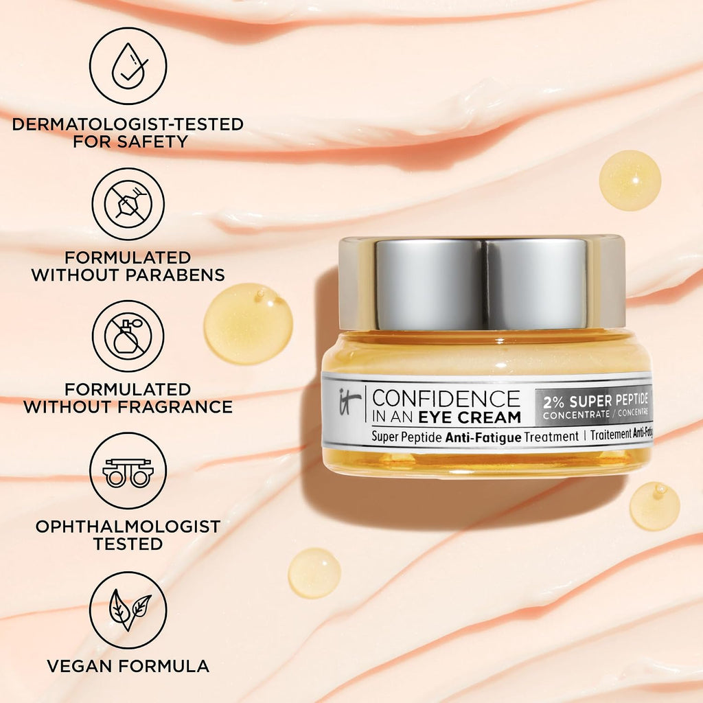 It Cosmetics Confidence In An Eye Cream - Anti Aging Peptides Moisturizer, Dark Circles & Wrinkles, Lightweight 48H Hydration, 2% Super Peptide Concentrate, Smooth & Brighten Undereye, All Skin Types