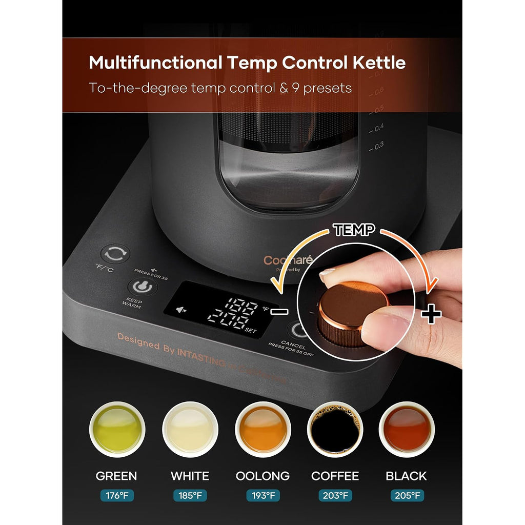 Electric Tea Kettle, Intasting Glass Electric Kettle With Tea Infuser And Precise Knob Temperature Control, 1200W Fast Heating, Bpa-Free, Easy To Clean, 1 Liter (Dark Gray)