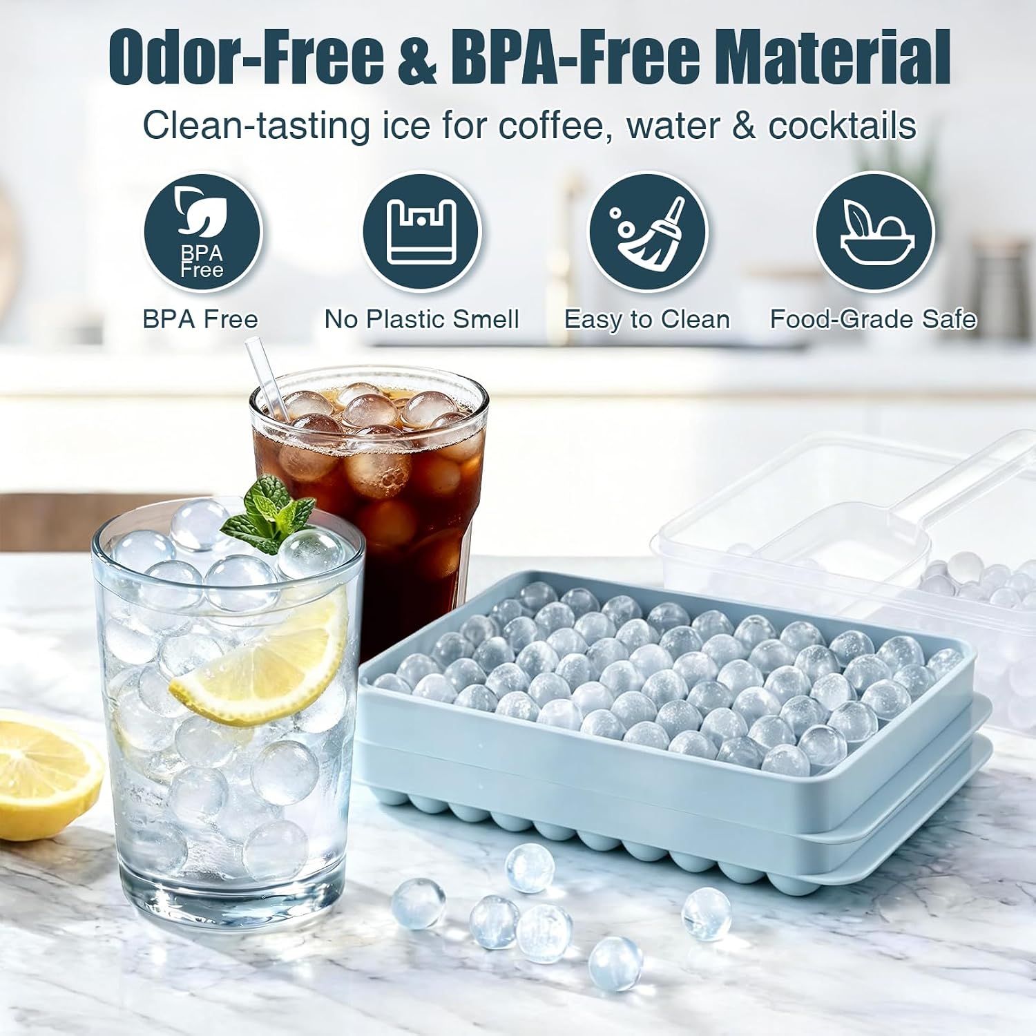 Mini Ice Cube Trays For Freezer With Lid, 0.55" Pebble Ice | 2 Trays-Blue, With Ice Box & Scoop. For Iced Coffee, Bottles, Juice & Everyday Drinks, Easy Twist Release, Stackable