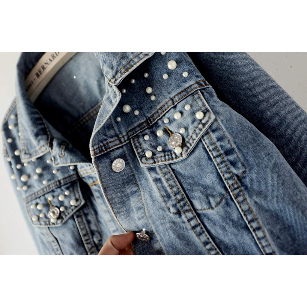 Women Oversized Denim Jacket Embroidered Pearls Beading Jeans Coat