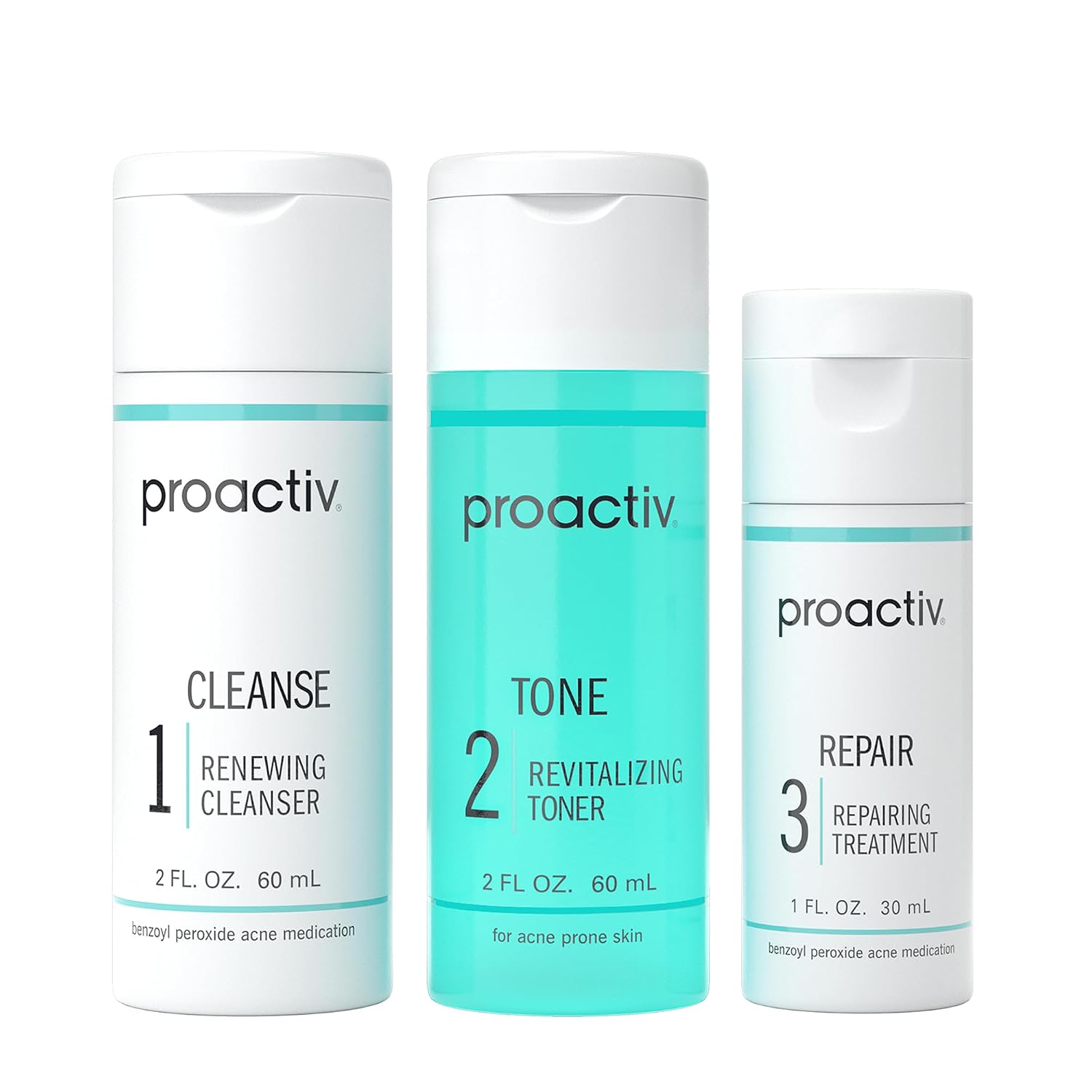 Proactiv 3 Step Acne Treatment - Benzoyl Peroxide Face Wash, Repairing Acne Spot Treatment For Face And Body, Exfoliating Toner - 30 Day Complete Acne Skin Care Kit