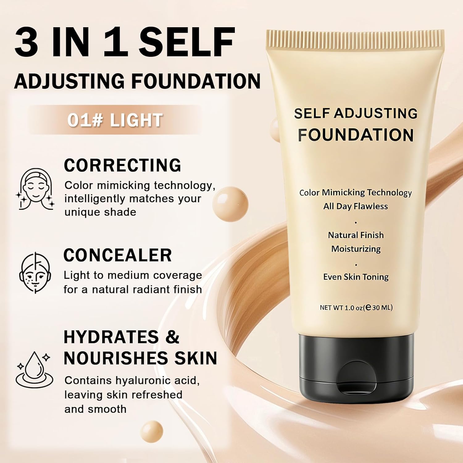 Color Matching Foundation,Hydrating Color Adjusting Foundation,Lightweight Coverage Face Makeup with Skincare-Infused,Includes Brush,1.01 FL.OZ - 01 Light