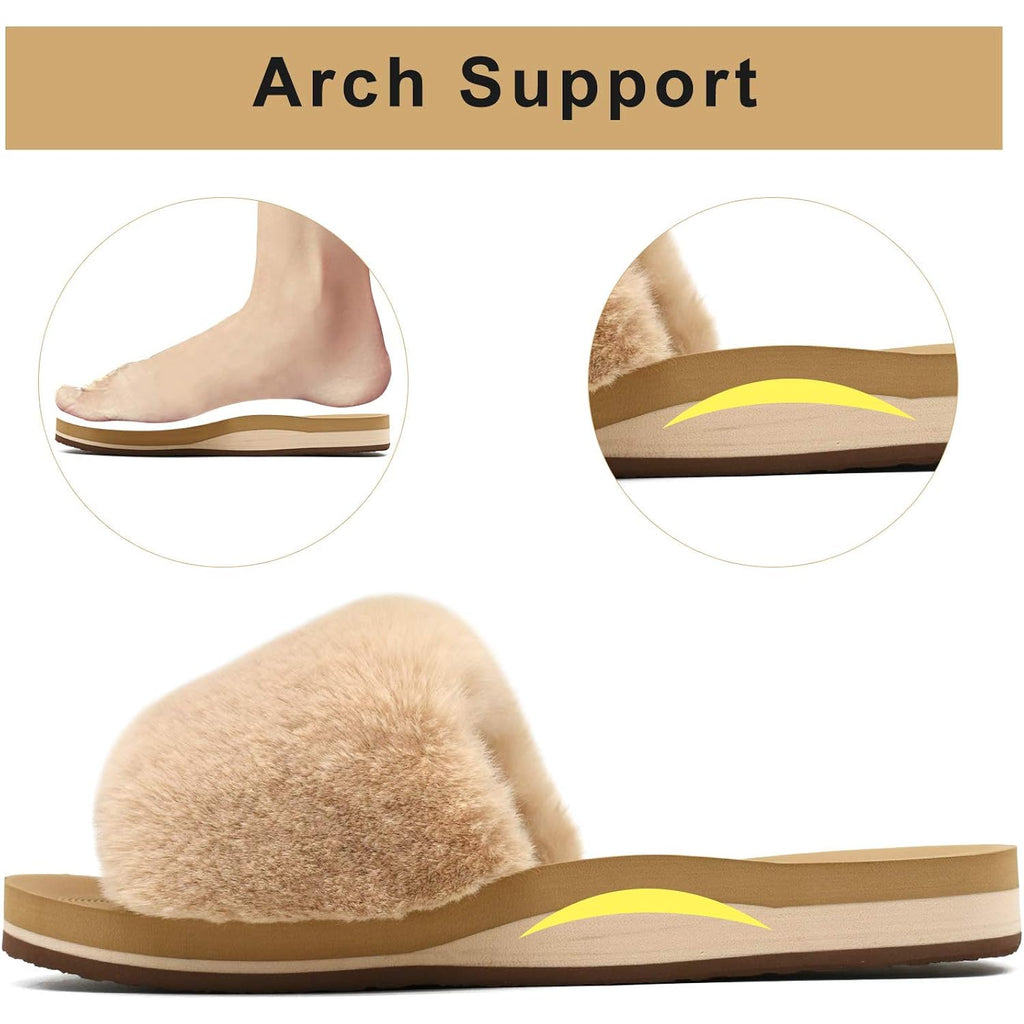Coface Fuzzy Womens Slippers With Arch Support Open Toe Orthopedic Fur Slipper Indoor Outdoor