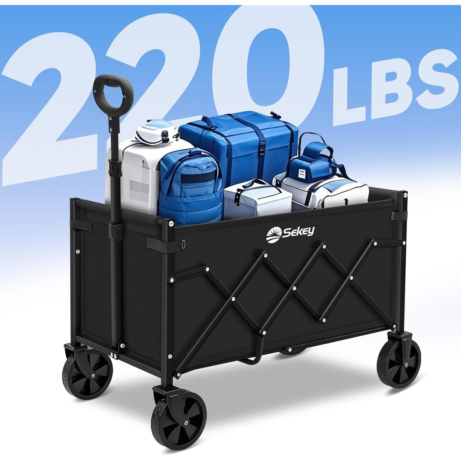 Sekey Wagon Cart With Wheels With 220Lbs Capacity,Heavy Duty Wagon Carts Foldable,Lightweight Utility Portable Cart For Grocery, Shopping, Garden, Camping. Black