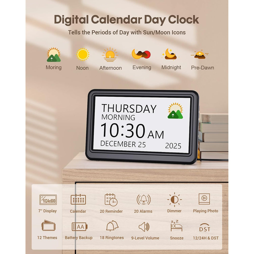Clock With Day And Date For Elderly, 7" Large Display Digital Calendar Day Clock With 20 Custom Alarms And Medicine Reminders, Dimmable Dementia Alzheimers Clocks For Seniors, Black (Ac Powered)