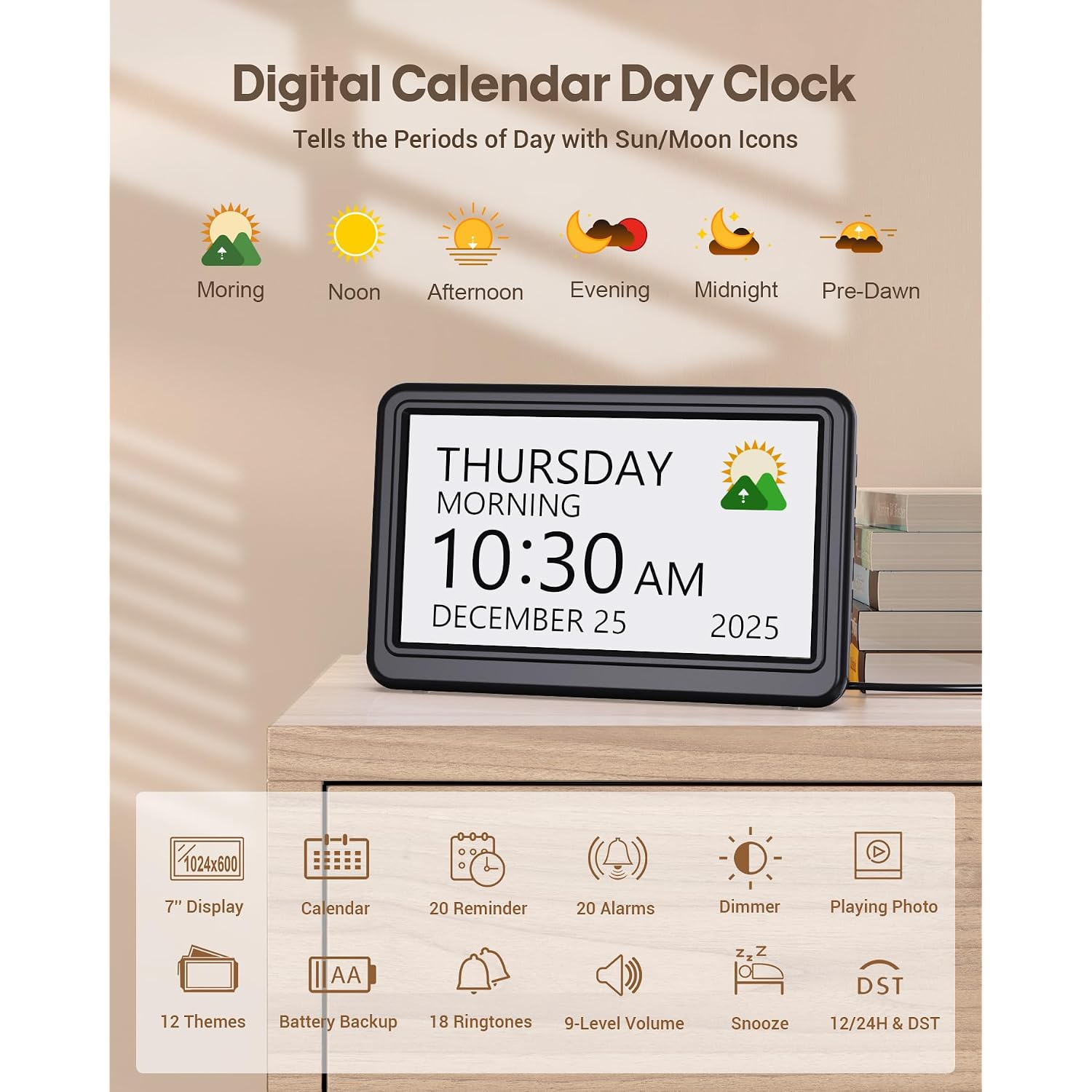 Clock With Day And Date For Elderly, 7" Large Display Digital Calendar Day Clock With 20 Custom Alarms And Medicine Reminders, Dimmable Dementia Alzheimers Clocks For Seniors, Black (Ac Powered)