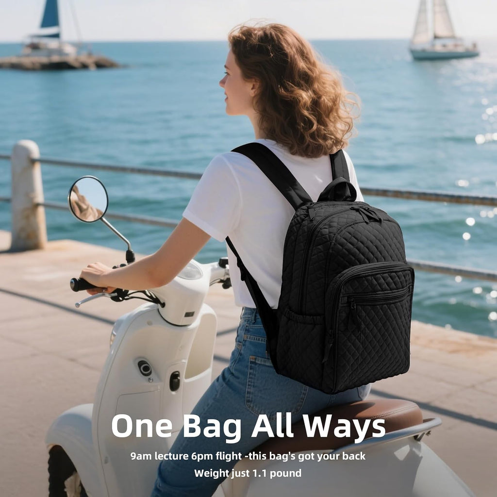 Backpack For Women,College Backpack,Quilted Casual Daypack,Waterproof Bookbag For 15.6Inch Laptop (Black)