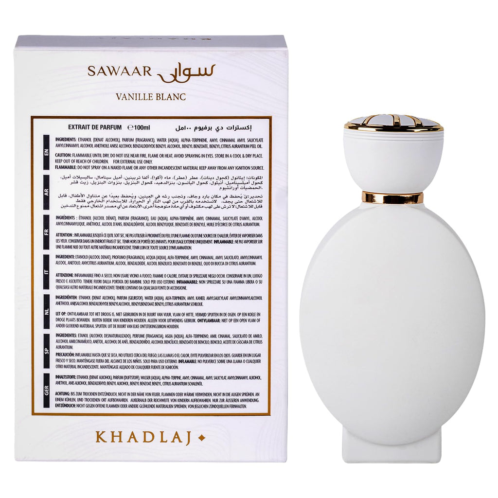 Khadlaj Sawaar Vanille Blanc – Vanilla, Sweet, Woody – Extrait de Parfum Long-Lasting Fragrance for Everyone, 3.4 Ounce / 100 ml