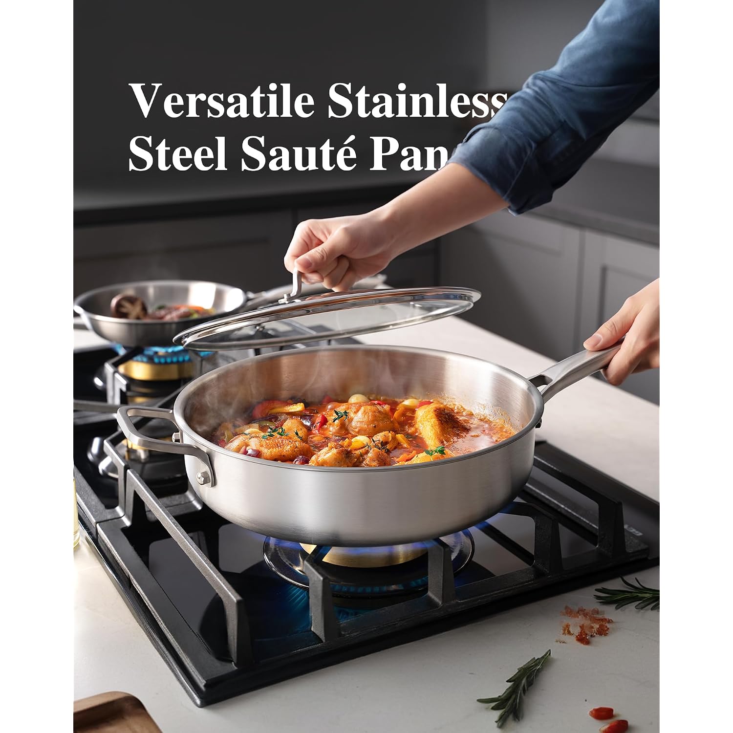 Vocvoi Stainless Steel Pan With Lid, 6 Qt Stainless Steel Saute Pan, 12 Inch Frying Pan, Pfoa & Ptfe Free, Tri-Ply Skillet, Stainless Steel Pot, Dishwasher & Oven Safe, Works On All Cooktops