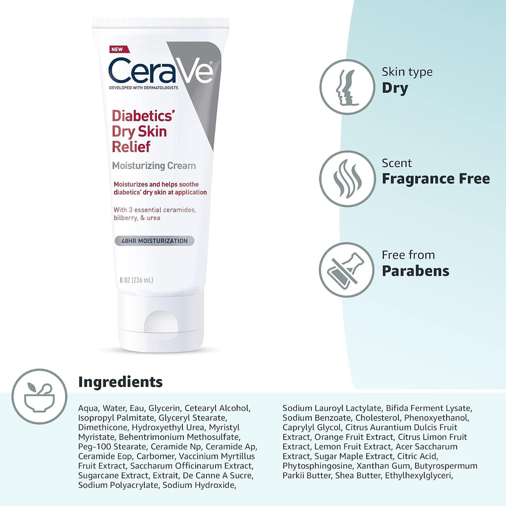 Cerave Moisturizing Cream For Diabetics’ Dry Skin, Urea Cream With Bilberry For Face And Body, Fragrance Free & Paraben Free, 8 Ounce