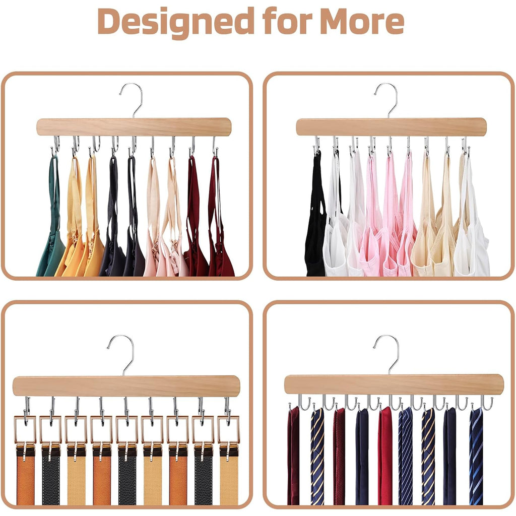 Necamocu 2 Pack Bra Hanger For Closet Organizer, Premium Tank Top Hangers | Wooden Bra Holder With 36 Foldable Hooks, 360° Rotating Design, Space Saving Storage For Tank Tops, Bras, Belts, And More