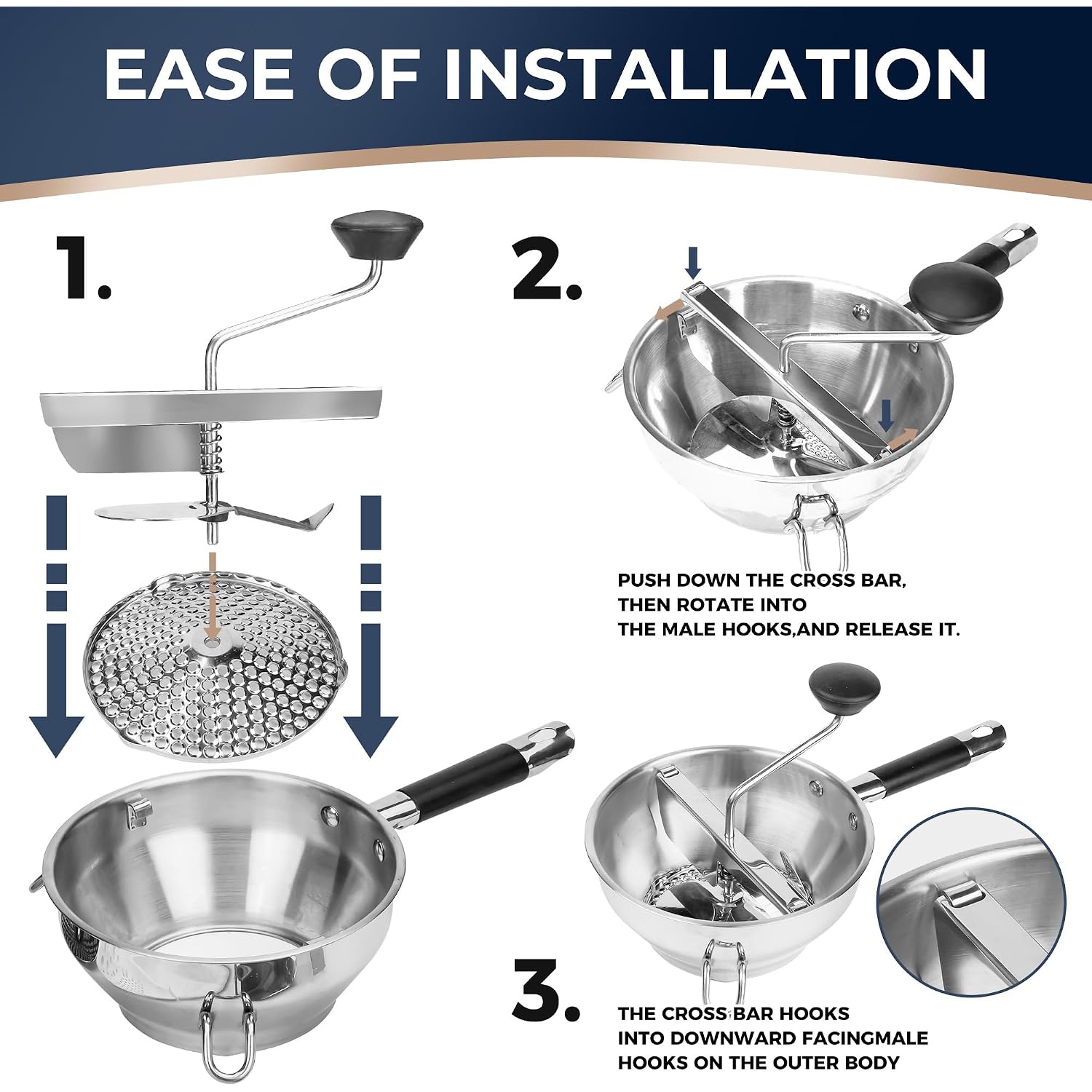 Stainless Steel Food Mills With 3 Milling Discs,Ergonomic Design Of Rotary Food Mills For Tomato Sauce,Potatoes,Jams With Silicone Handle Dishwasher Safe, Multifunctional Spoon,Orange