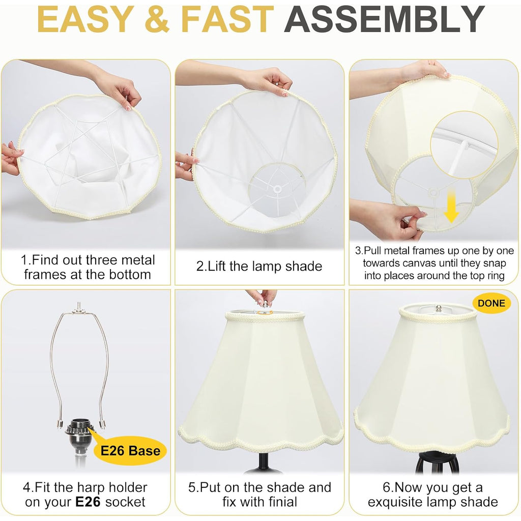 Medium Lamp Shades Set Of 2, Cream Lamp Shade For Floor Lamps Table Lamps, 6.1"Top X 13"Bottom X 9.6"High, Scalloped Lamp Shade With Petal Edge Braid, Spider, Harp Holders Included, Assembly Required