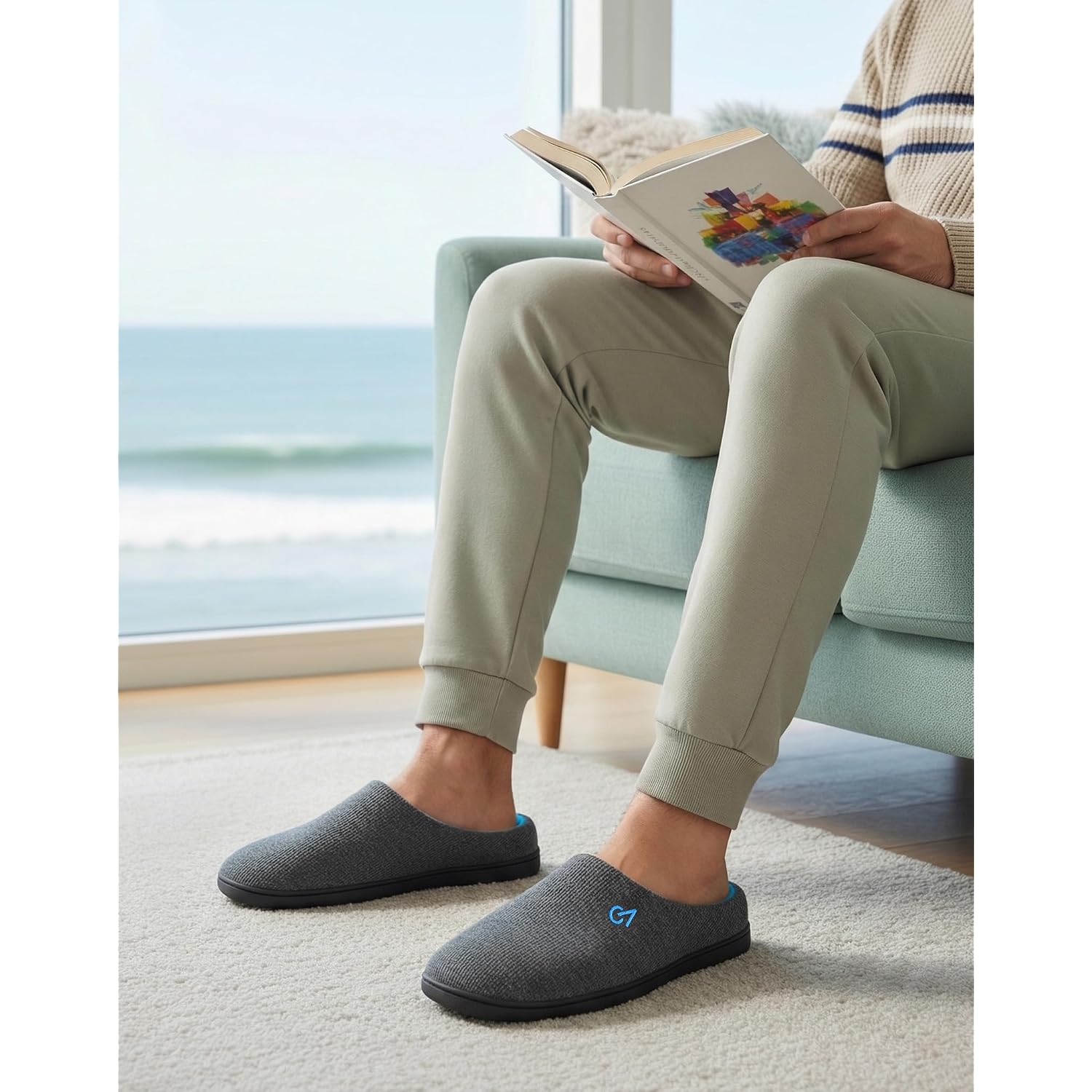 Veracosy Men'S Two-Tone Memory Foam House Slippers Indoor Outdoor Durable Rubber Sole