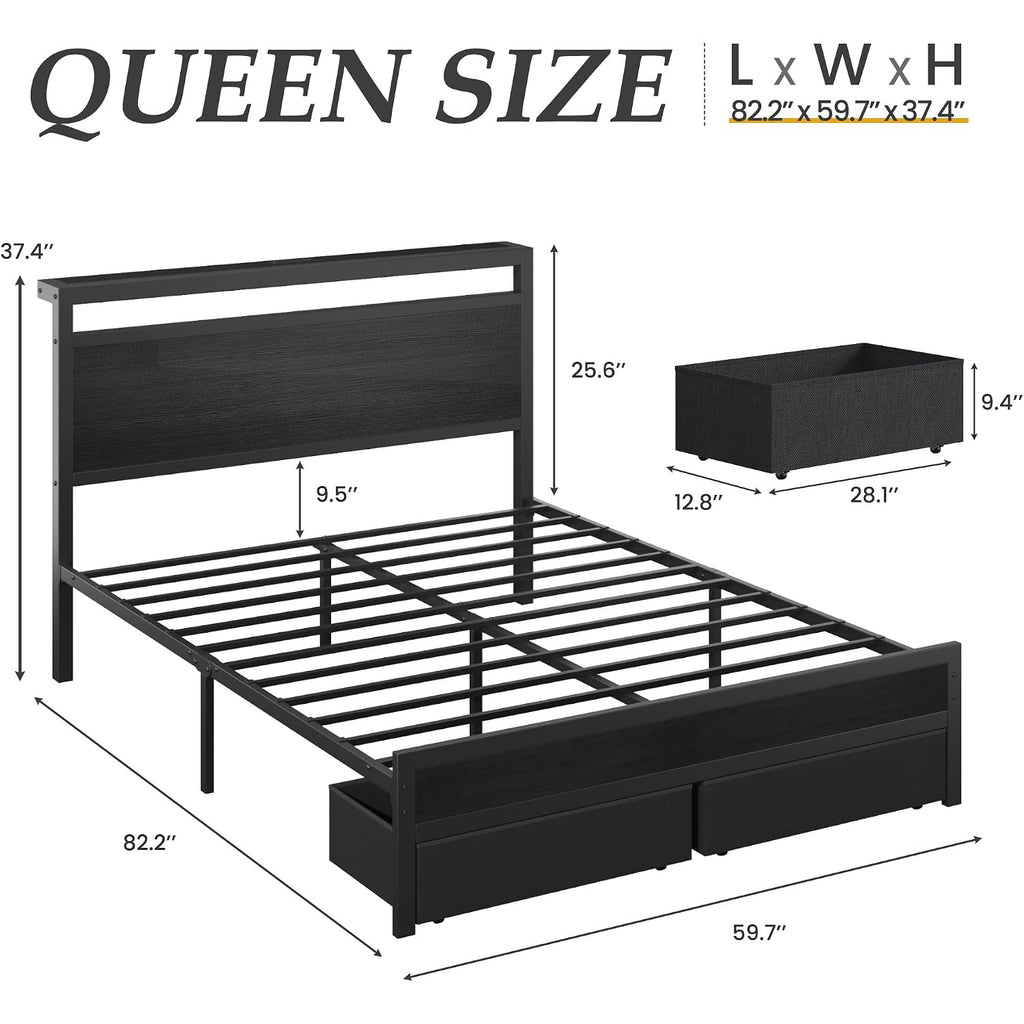 Hisoft Queen Bed Frame With Storage, Wood Headboard With Fast Charging Station, Led Lights, Platform Bed Frame Queen Size, Fabric Drawers With Wheels, No Box Spring Needed, Noise Free, Black