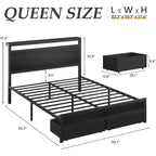 Hisoft Queen Bed Frame With Storage, Wood Headboard With Fast Charging Station, Led Lights, Platform Bed Frame Queen Size, Fabric Drawers With Wheels, No Box Spring Needed, Noise Free, Black