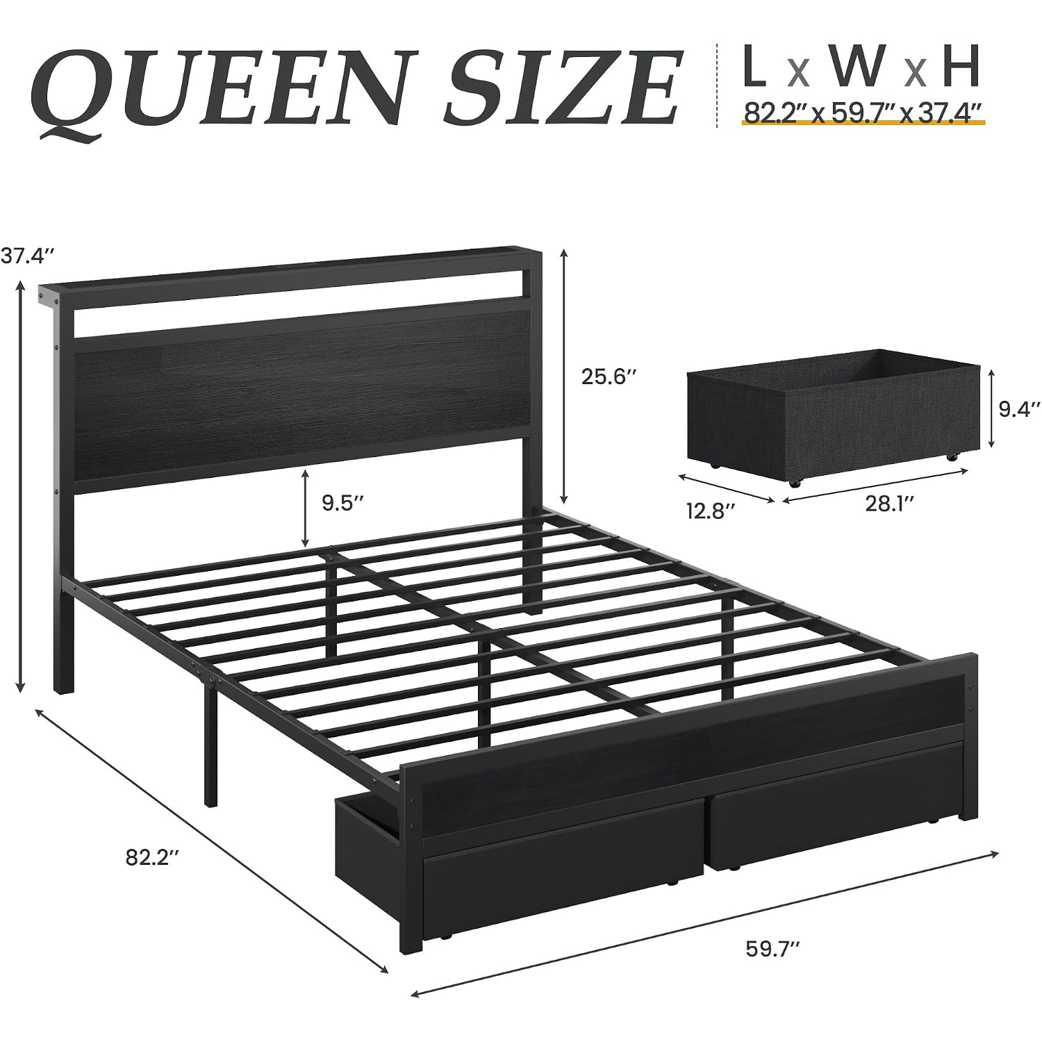 Hisoft Queen Bed Frame With Storage, Wood Headboard With Fast Charging Station, Led Lights, Platform Bed Frame Queen Size, Fabric Drawers With Wheels, No Box Spring Needed, Noise Free, Black