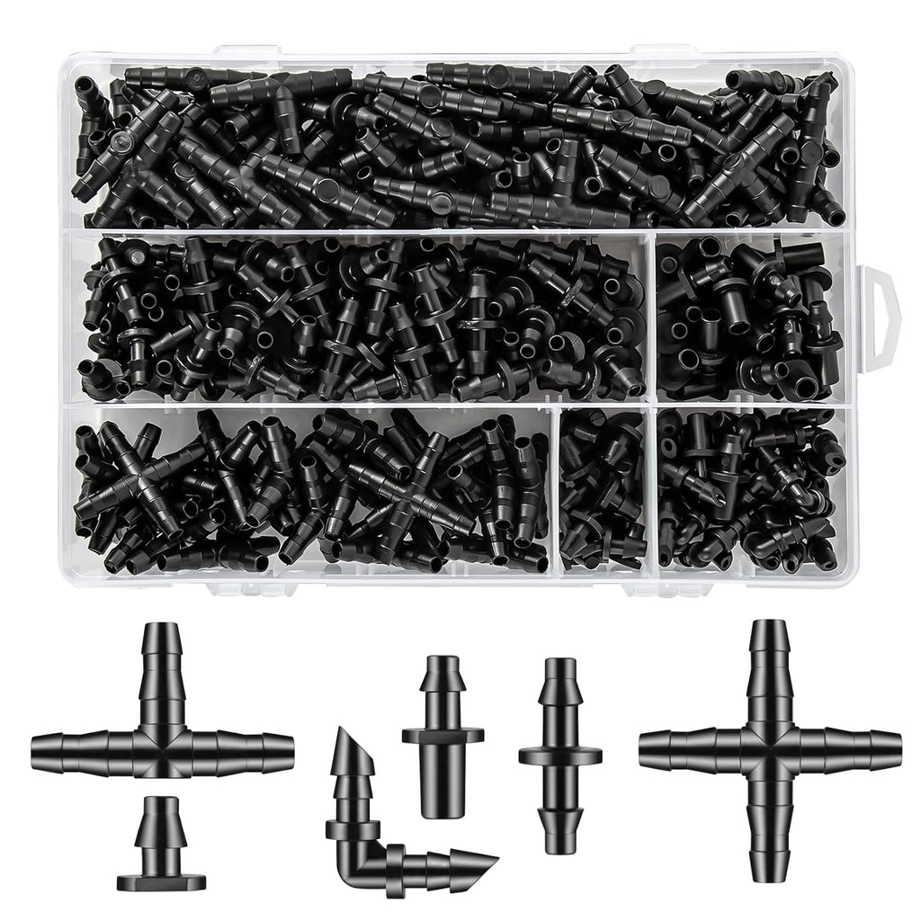 300 Pcs Barbed Connectors Drip Irrigation Fittings Kit, 1/4" Drip Irrigation Kit For Garden Flower Pot Greenhouse Lawn (Straight Barbs,Single Barbs,Tees,Elbows,End Plug,4-Way Coupling)