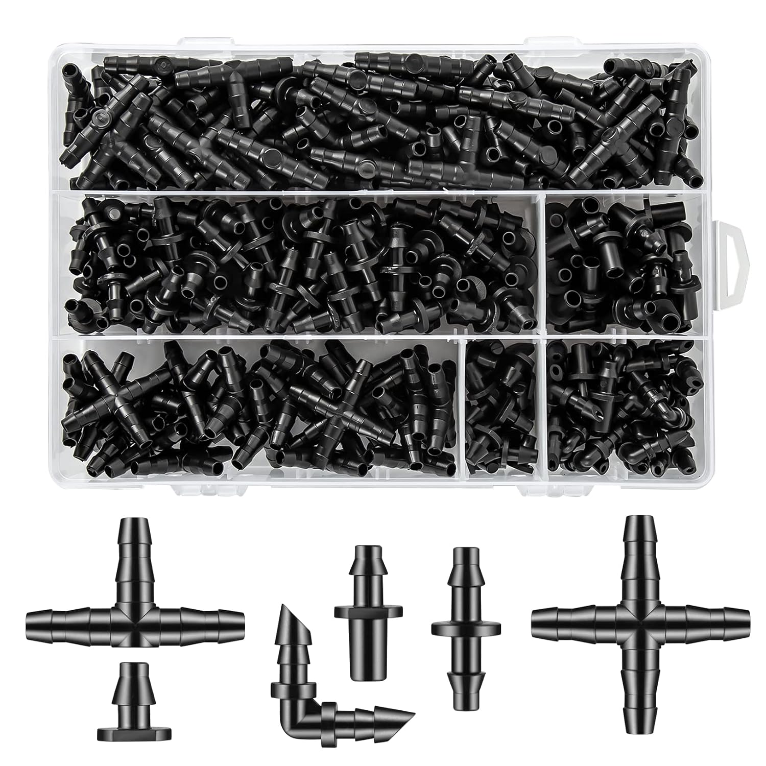 300 Pcs Barbed Connectors Drip Irrigation Fittings Kit, 1/4" Drip Irrigation Kit For Garden Flower Pot Greenhouse Lawn (Straight Barbs,Single Barbs,Tees,Elbows,End Plug,4-Way Coupling)