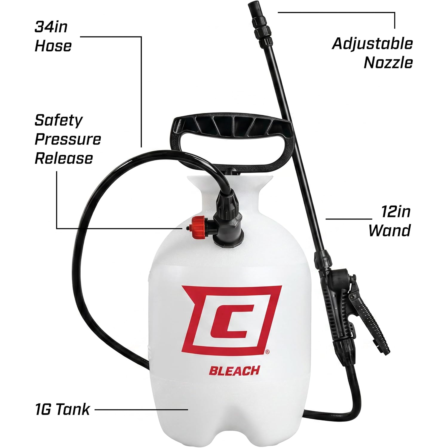Chapin 1-Gallon Bleach Pump Sprayer, Resistant Seals For Cleaning | Chemical-Resistant Tank And Seals; For Mold Treatment, Sanitizing, Fungicides And Cleaners With Filtration And 34In Hose