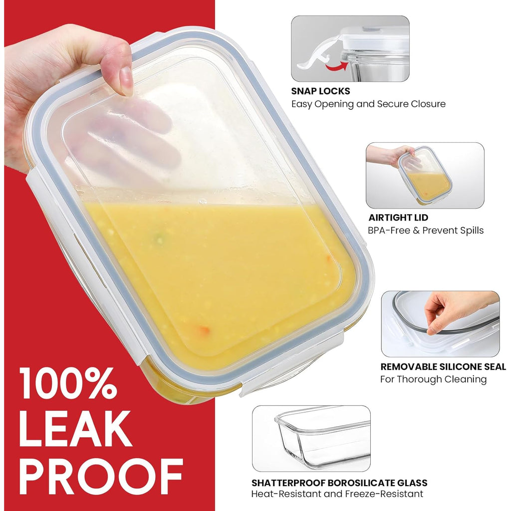 4 Pack 8 Cups/ 63oz Large Glass Storage Containers with Lids, Meal Prep Containers, Glass Food Storage with Airtight Lid for Baking, Leak Proof & Microwave, Oven Safe (4 Containers + 4 Lids)