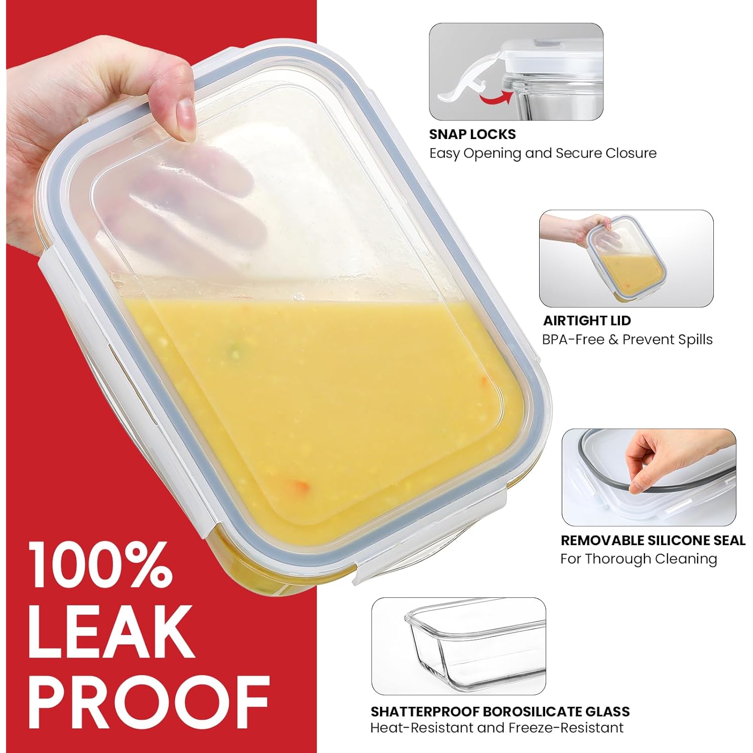 4 Pack 8 Cups/ 63oz Large Glass Storage Containers with Lids, Meal Prep Containers, Glass Food Storage with Airtight Lid for Baking, Leak Proof & Microwave, Oven Safe (4 Containers + 4 Lids)