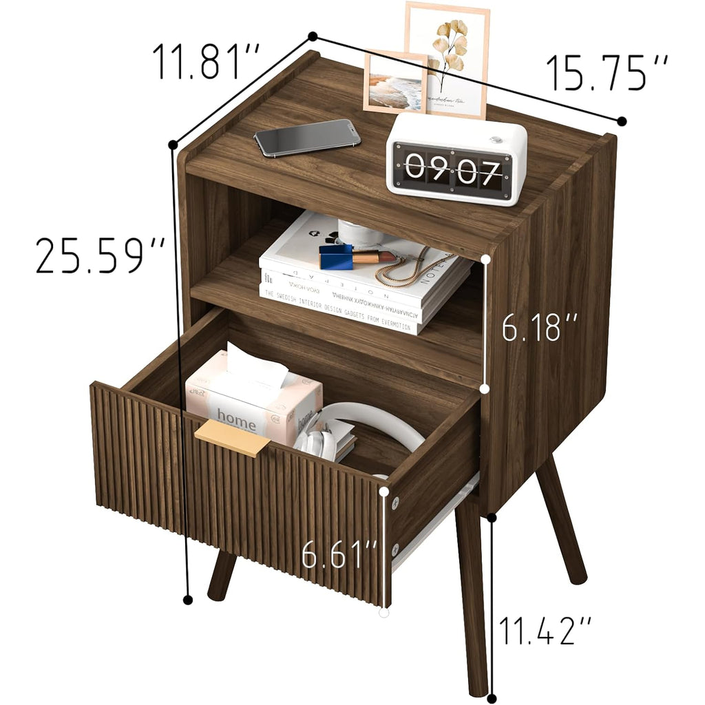Nightstand,Modern Bedside Table With Storage Drawer And Open Wood Shelf, For Living Room, Bedroom And Small Spaces, Accent Night Stand With Solid Wood Legs, Easy Assembly,Walnut Brown