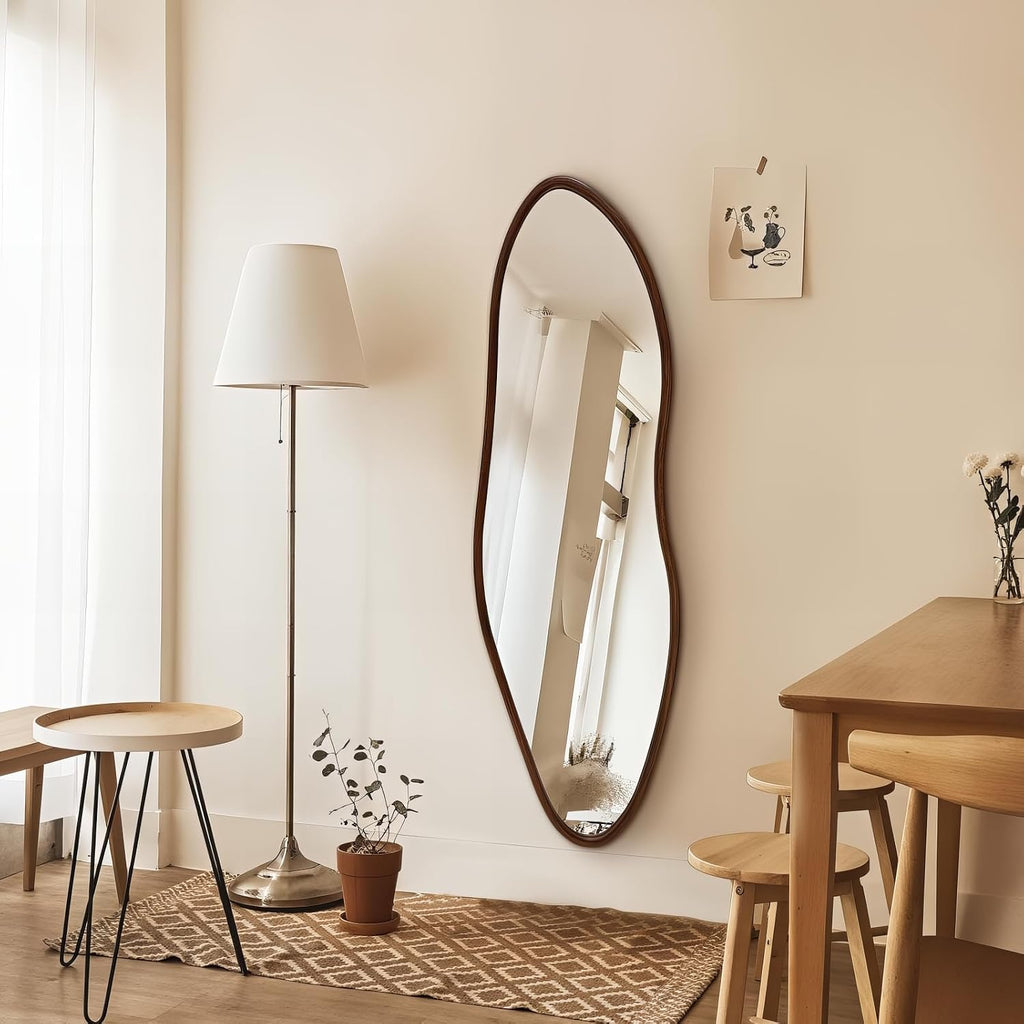Irregular Full Length Mirror, 65"X22" Wooden Farmhouse Full Body Mirror, Large Asymmetrical Wall Mirrors For Living Room Entryway, Horizontal/Vertical, Walnut
