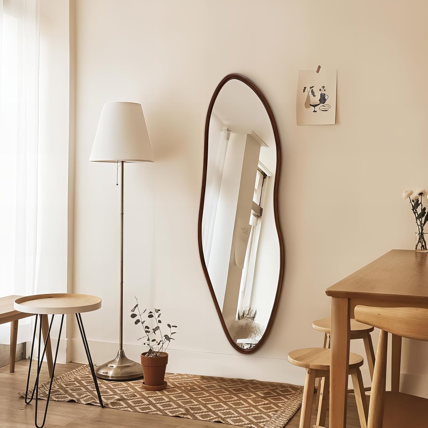 Irregular Full Length Mirror, 65"X22" Wooden Farmhouse Full Body Mirror, Large Asymmetrical Wall Mirrors For Living Room Entryway, Horizontal/Vertical, Walnut