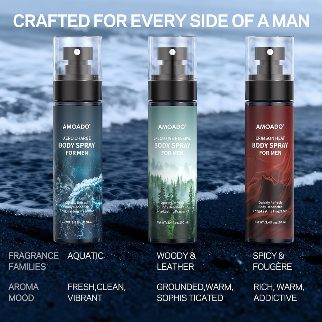 AMOADO Men’s Body Spray Set – Body Spray for Men,Deodorizing Body Mist Refreshing Spray, Aluminum-Free Cologne for Him, Oriental & Woody Scents,Each 3.4 fl oz