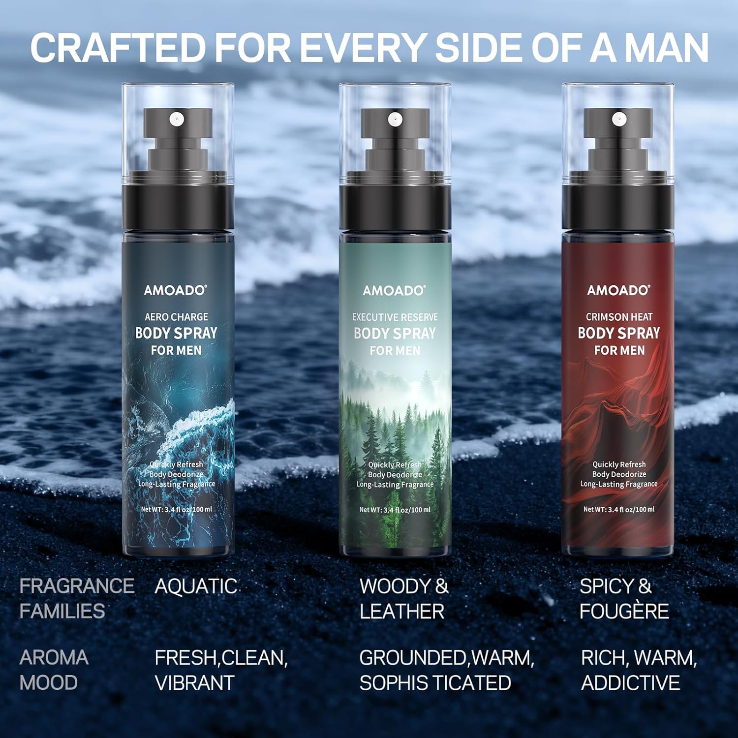 AMOADO Men’s Body Spray Set – Body Spray for Men,Deodorizing Body Mist Refreshing Spray, Aluminum-Free Cologne for Him, Oriental & Woody Scents,Each 3.4 fl oz