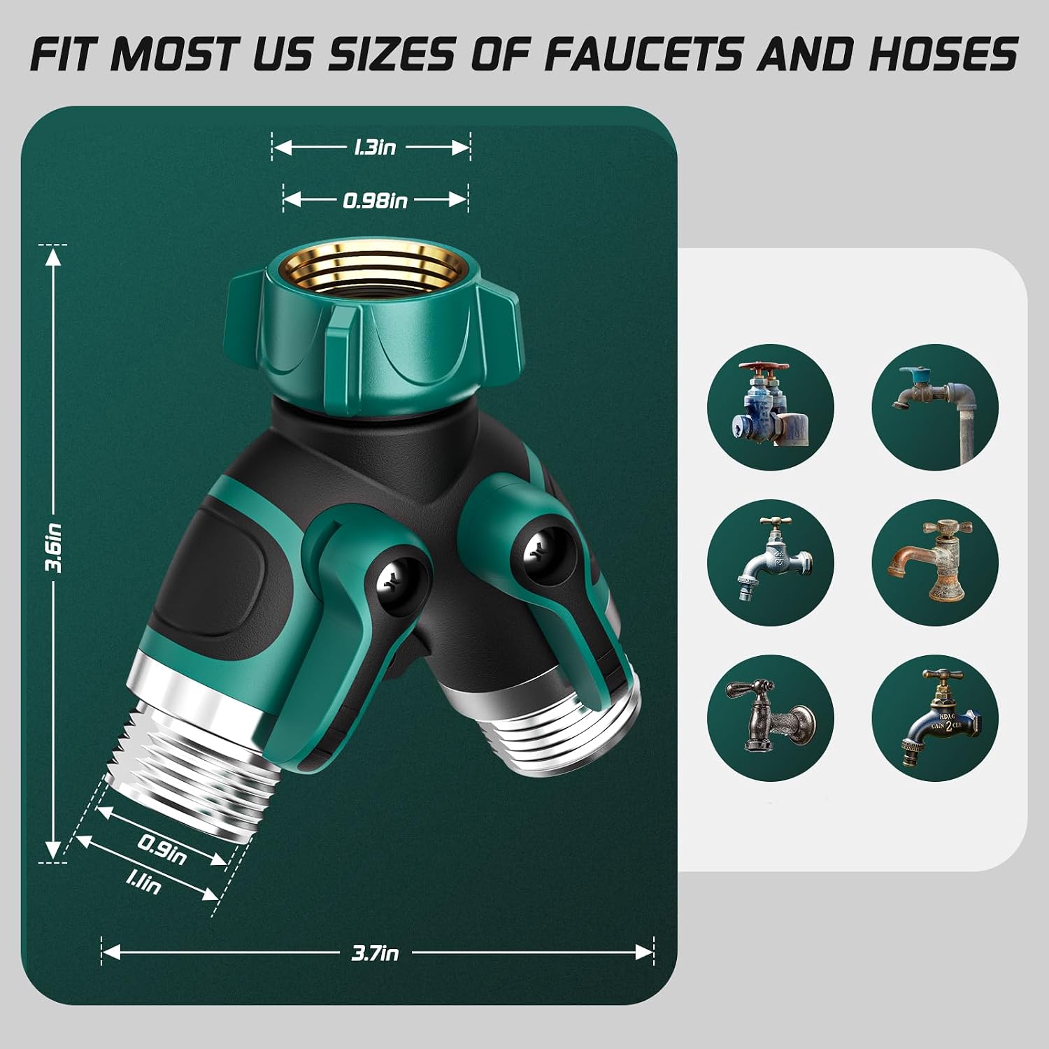 2 Way Garden Hose Splitter With Shut Off Valve,Water Spigot Splitter For 3/4" Hose Connector,Heavy Duty Metal Outdoor Faucet Splitter Y Connector For Garden Hose,With 3 Leakproof Washers & 1 Tape