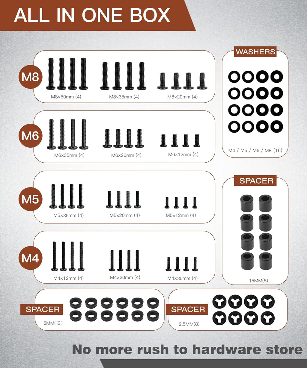 92PCS Universal TV Mounting Hardware Screw Kit Set - M4 M5 M6 M8 Screws, Spacers and Washers for Most TV/Monitor VESA Mount, TV Mount Replacement Screws with Box up to 80", Black