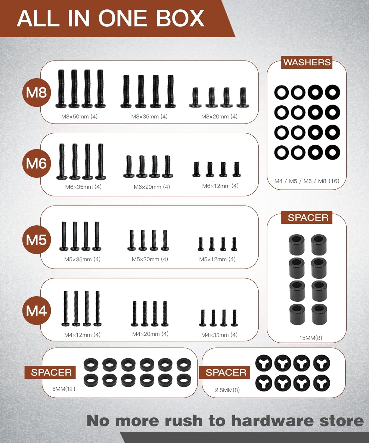 92PCS Universal TV Mounting Hardware Screw Kit Set - M4 M5 M6 M8 Screws, Spacers and Washers for Most TV/Monitor VESA Mount, TV Mount Replacement Screws with Box up to 80", Black