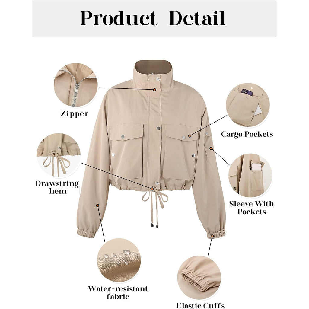 Womens Cropped Bomber Jacket 2026 Trendy Zip Up Lightweight Utility Anorak Coat With Pockets