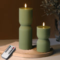 Olive Green Ribbed Flameless Pillar Candles With Remote Set Of 2 | 2 Aa Battery Powered, Flickering Led Decorative Candles, Home Shelf Table Decor, Real Wax Coating