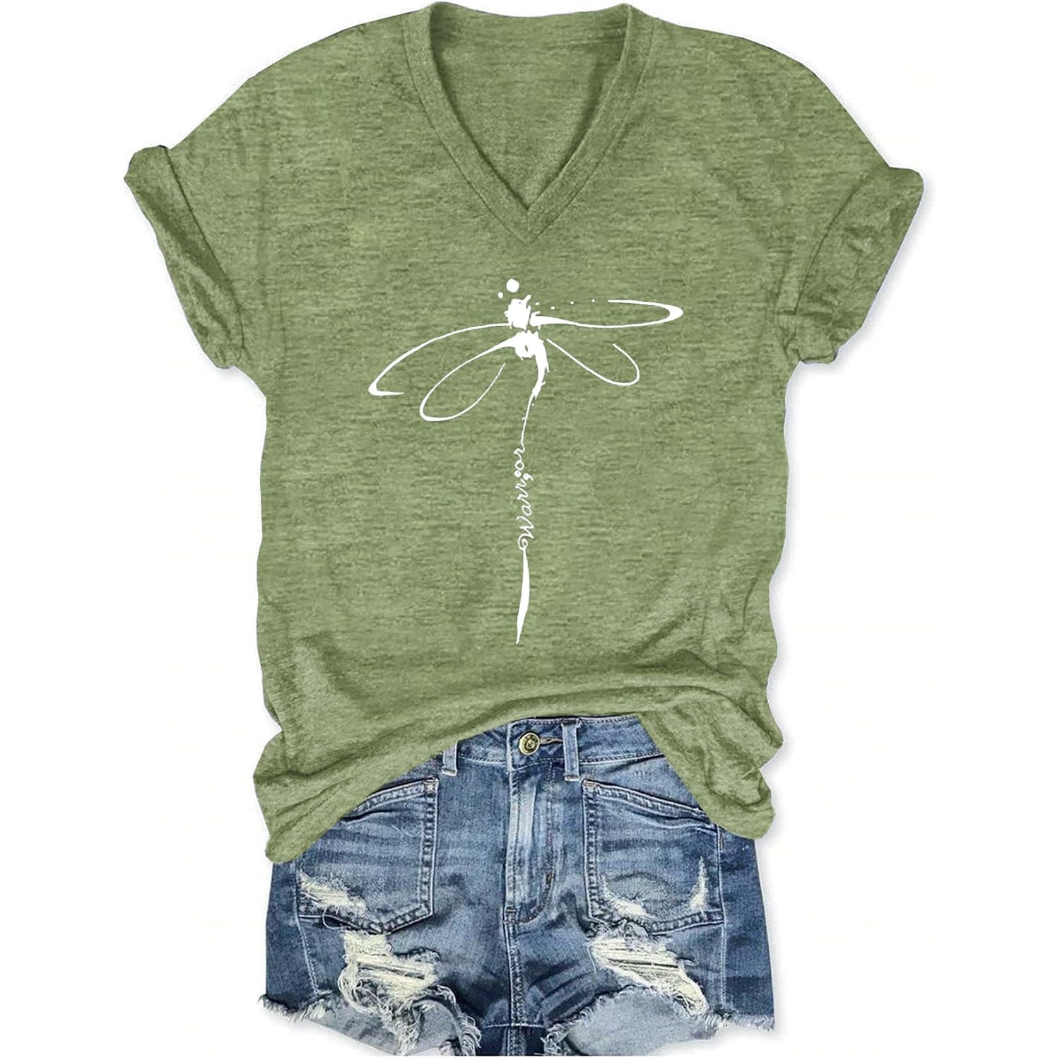 Women's T-Shirts V-Neck Dragonfly Tee Cute Summer Graphic Shirts Vintage Boho Flowers Short Sleeve T Shirt Green