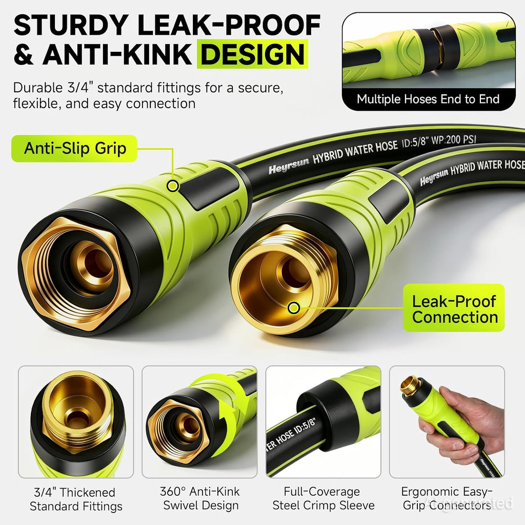 Garden Hose 50Ft, Non-Expandable Heavy Duty Water Hose With 10 Function Sprayer, Flexible, Leakproof, Kink Resistant & Hybrid Hose For Yard, Outdoor, 600 Psi