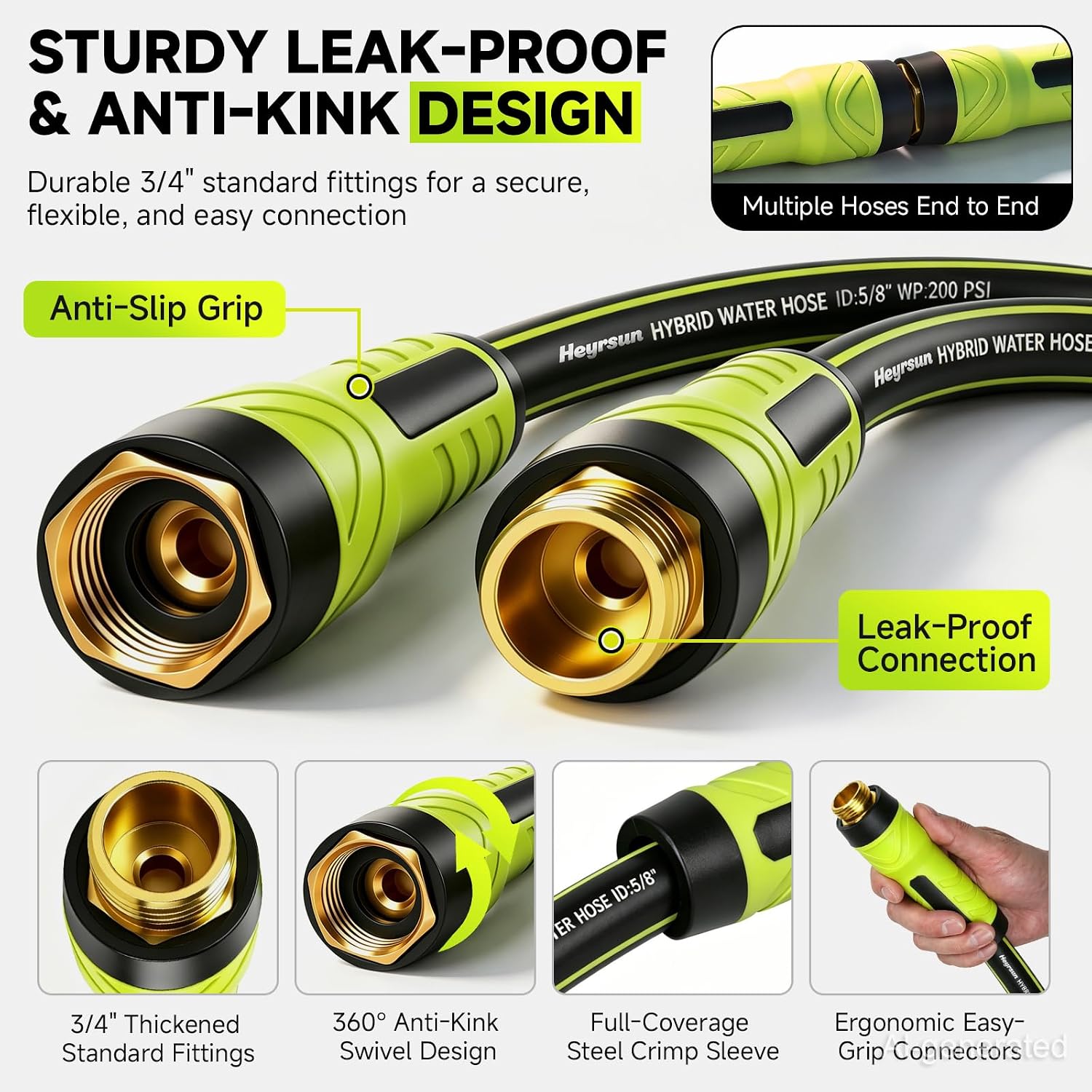 Garden Hose 50Ft, Non-Expandable Heavy Duty Water Hose With 10 Function Sprayer, Flexible, Leakproof, Kink Resistant & Hybrid Hose For Yard, Outdoor, 600 Psi