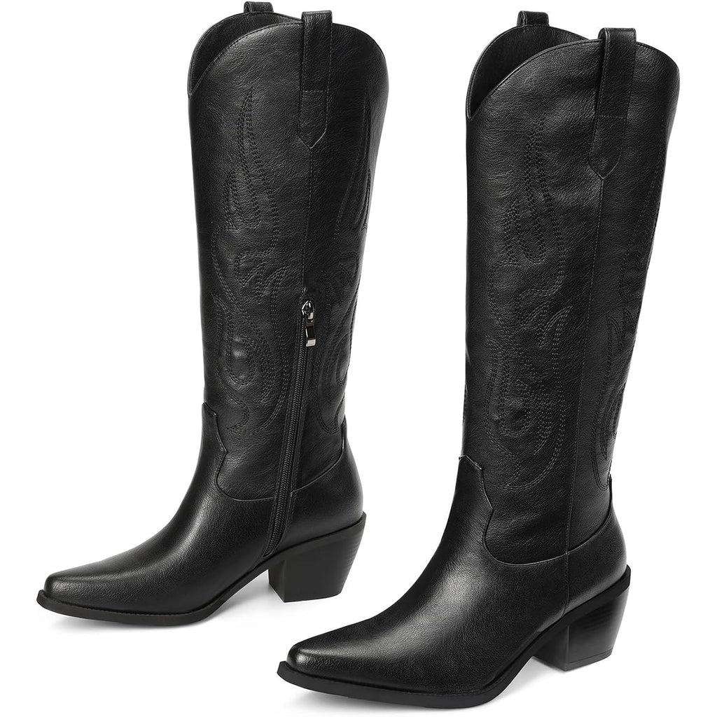Western Cowboy Boots For Women - Knee High Wide Calf Cowgirl Boots, Slip On Pointed Toe Chunky Heel Fashion Retro Classic Pull On Tall Boot For Ladies Party Concert