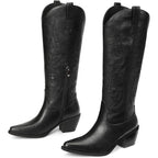 Western Cowboy Boots For Women - Knee High Wide Calf Cowgirl Boots, Slip On Pointed Toe Chunky Heel Fashion Retro Classic Pull On Tall Boot For Ladies Party Concert