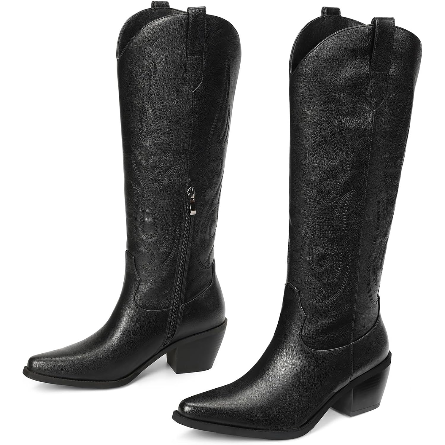 Western Cowboy Boots For Women - Knee High Wide Calf Cowgirl Boots, Slip On Pointed Toe Chunky Heel Fashion Retro Classic Pull On Tall Boot For Ladies Party Concert