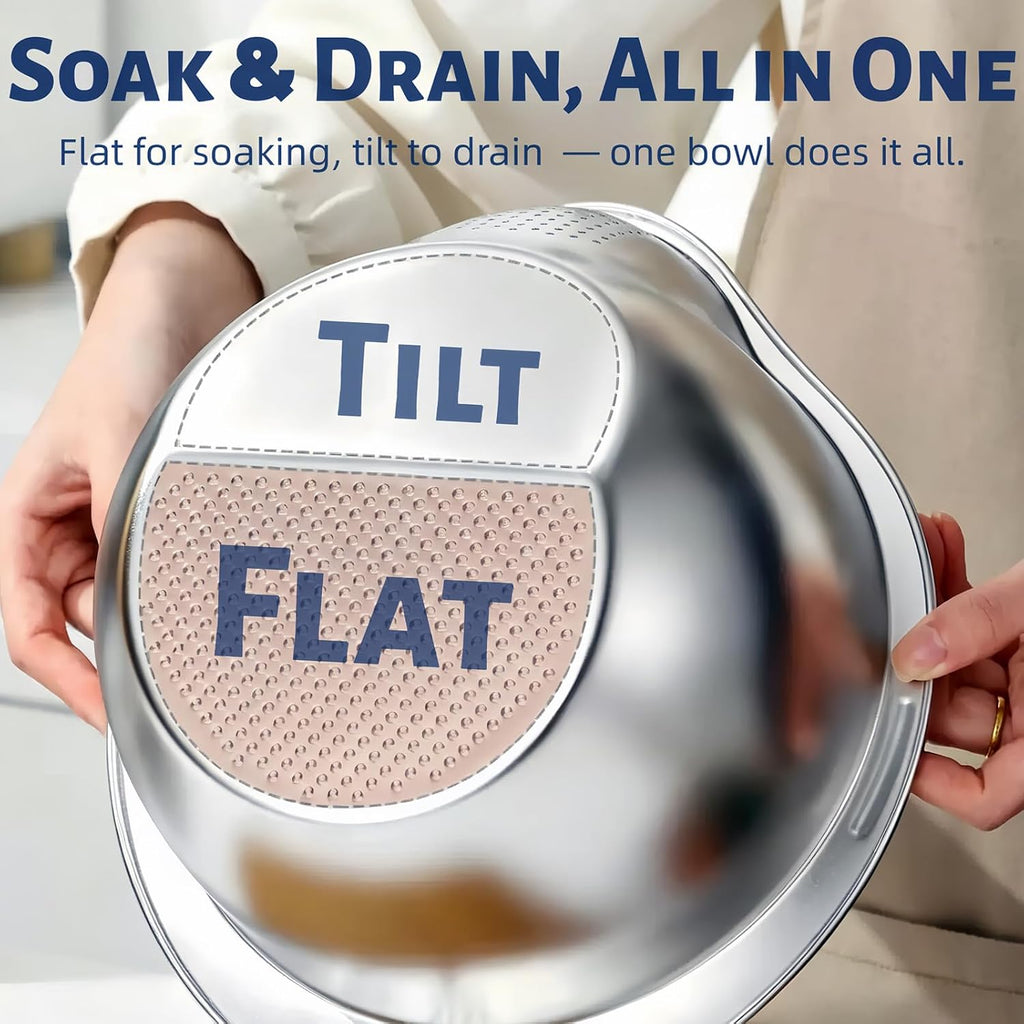 Rice Washer Strainer Bowl Stainless Steel Colander With Side Drainer | Ideal For Soaking, Washing, Cleaning, And Rinsing Rice, Fruits, Vegetables & Beans, Versatile Kitchen Tool