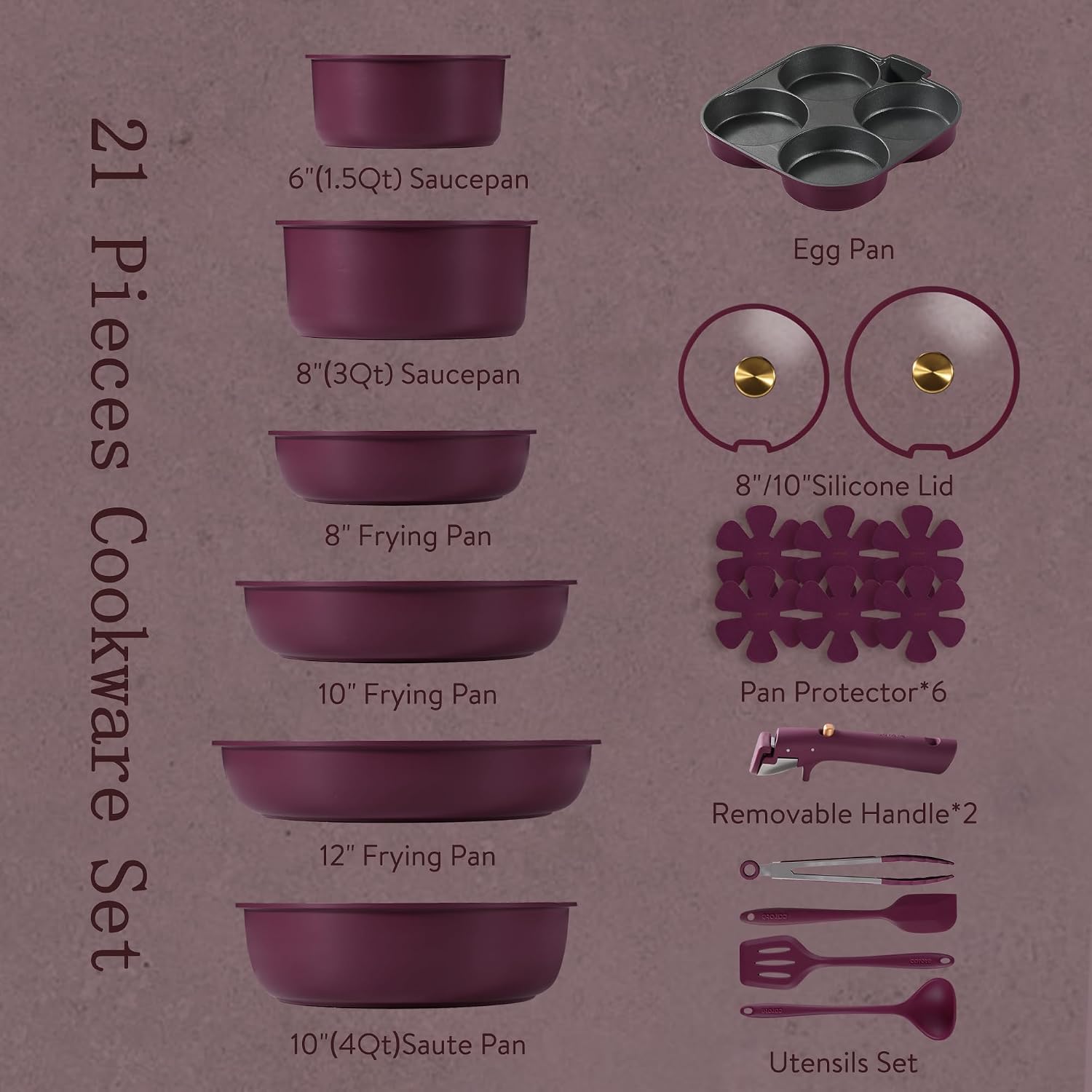 Carote 21Pcs Pots And Pans Set, Nonstick Cookware Set Detachable Handle, Induction Kitchen Cookware Sets Non Stick With Removable Handle, Rv Cookware Set, Gold And Purple