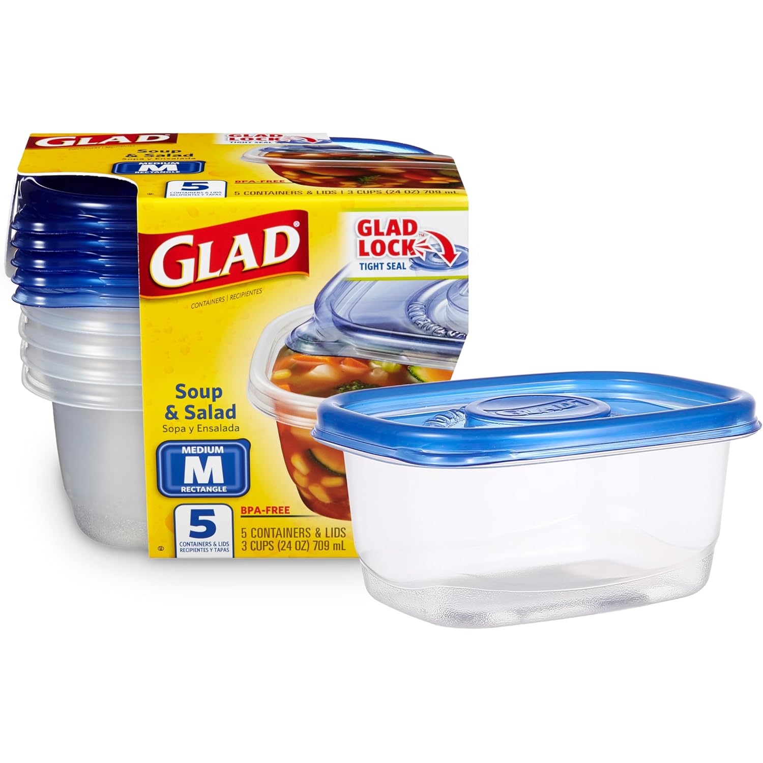 Glad GladWare Medium Rectangle Food Storage Containers with Lids, BPA Free Plastic for Soups Salads and Meal Prep, Airtight Leak Resistant, Microwave Dishwasher Freezer Safe, 24 Oz, 5 Count