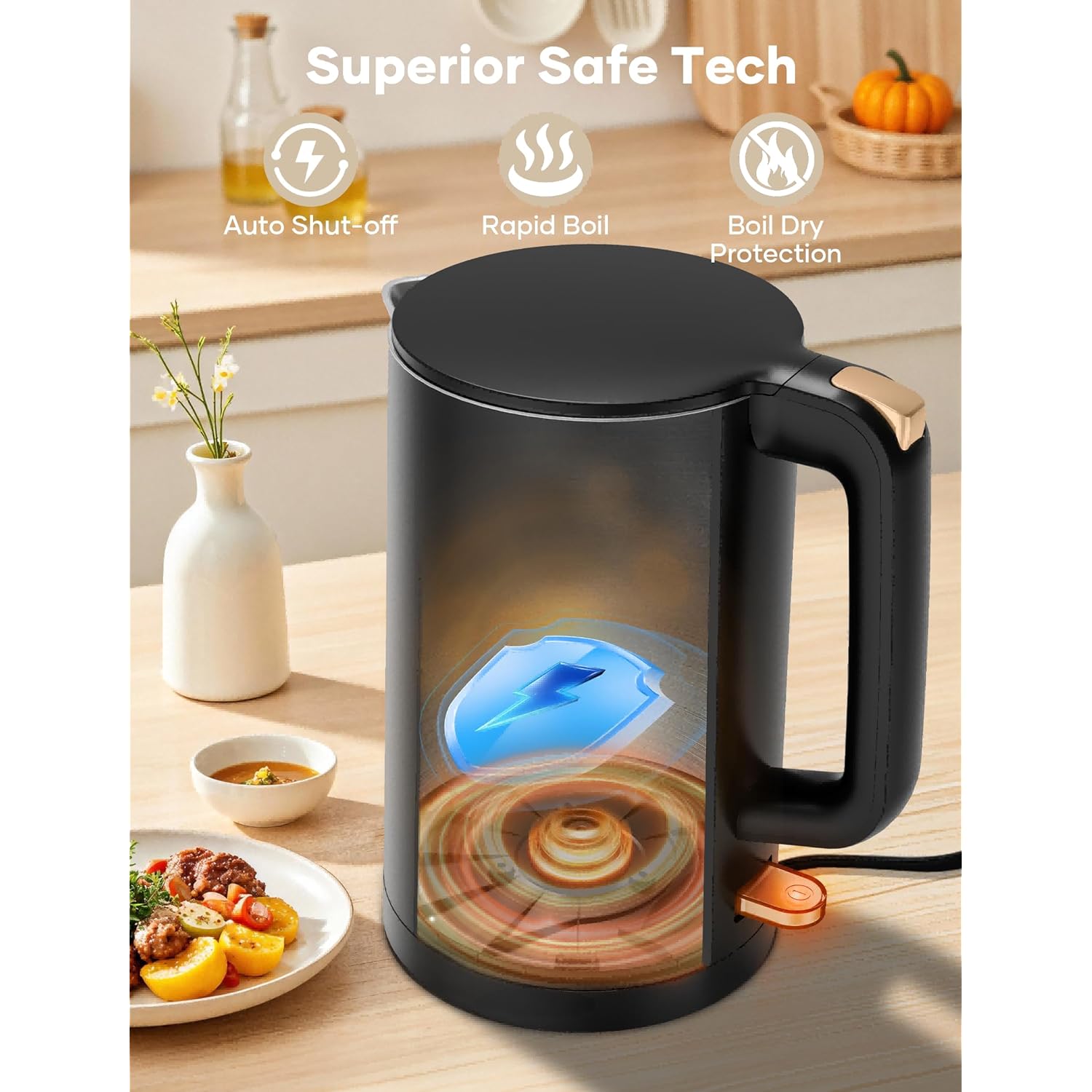Electric Kettle, Double Wall 1.7L Stainless Steel Cool Touch, Water Boiler & Heater, 1500W Hot Tea Pot, Boil Dry Protection & Cordless Base, BPA-Free, Black