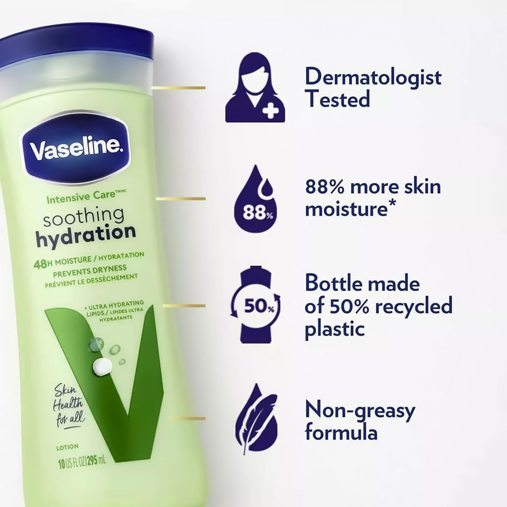 Vaseline Soothing Hydration 2-Pack – Intensive Care Moisturizing Hand And Body Lotion With Aloe, Ultra-Hydrating Lipids, 48 Hours Of Moisture, 10 Oz Ea