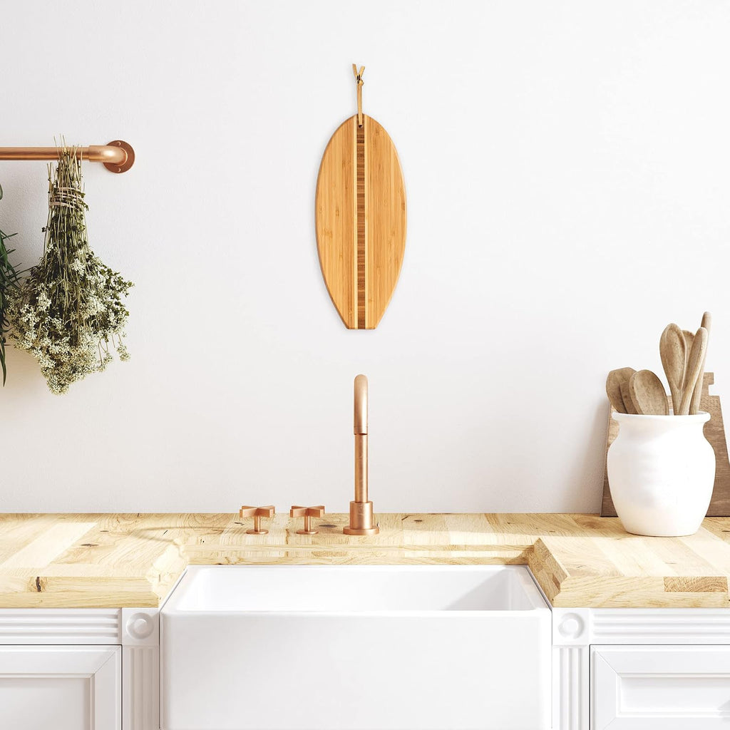 Totally Bamboo Lil Surfer Small Surfboard Cutting Board And Charcuterie Board, Bamboo Serving Platter With Wall Hang Tie, 14.5" X 6"