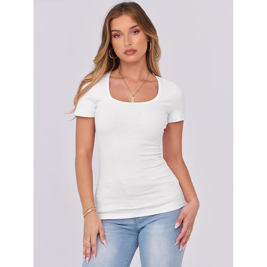 Women Short Sleeve Tops Scoop Neck Ribbed Knit Slim Fitted Basic Tee Shirt Casual Summer Clothes 2026 Spring Outfits